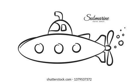 Vector illustration: Hand drawn cartoon submarine on white background. Sketch line design