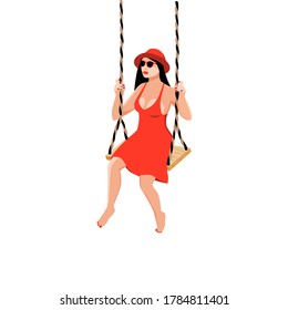 Dibujo vectorial de una caricatura hecha a mano que balancea a una mujer con vestido rojo y sombrero