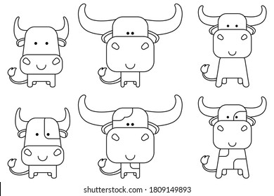 Vector illustration. Hand drawn cartoon bulls. Funny characters. Spotted cows. Lineart. Isolated on white. Coloring page.
