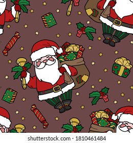 Vector illustration. Hand drawn cartoon Santa Claus and Christmas attributes. Seamless background. New Year's and Christmas. 