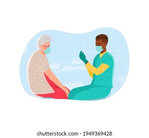 Vector illustration, hand drawn in cartoon flat style. Vaccination of the elderly.  A doctor draws the vaccine into a syringe, senior woman. People vaccination. Boost immunity, health care