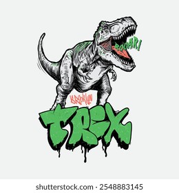 Vector illustration of hand drawn cartoon dinosaur and graffiti typography elements.