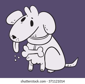 Vector illustration of a hand drawn cartoon white dog drooling, in purple background.