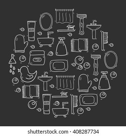 Vector illustration with hand drawn cartoon bathroom background. Circle background with bathroom soap, bathroom cosmetics, bathroom duck, bathroom towel, mirror, brush. Cartoon cute bathroom concept