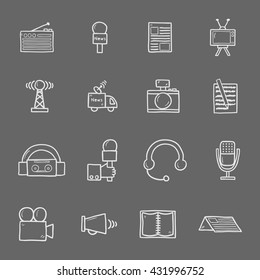 Vector illustration with hand drawn cartoon journalism icons. Mass media, multimedia broadcasting objects. Vector illustration with newspaper, video, radio icons. Set of journalism pictogram