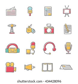 Vector illustration with hand drawn cartoon journalism icons. Mass media, multimedia broadcasting objects. Vector illustration with newspaper, video, radio icons. Set of journalism pictogram