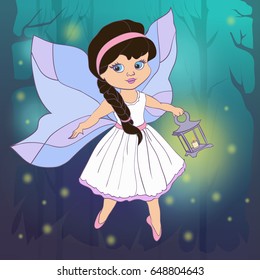 Vector illustration with hand drawn cartoon little fairy in the forest of the night. Can be used for baby fashion print design, kids wear, baby shower celebration, greeting and invitation card.