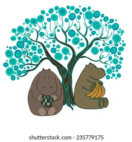 Vector illustration with hand drawn cartooned hippos under a tree with bananas and a ball.