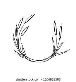 Vector illustration of hand drawn cattail wreath. Ink drawing, graphic style, beautiful wedding design element