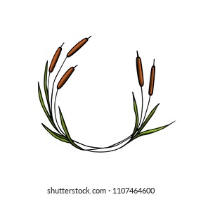 Vector illustration of hand drawn cattail wreath. Ink drawing, graphic style, beautiful wedding design element