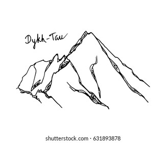Vector illustration of hand drawn Caucasus peak Dykh-Tau. Ink drawing, graphic style. Perfect for travel, sport or spiritual designs.