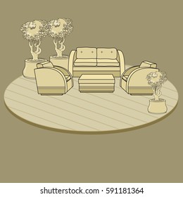 Vector illustration of hand drawn chairs, table  and flowers in pot on terrace or room. Furniture on beige  background. Landscape design. Interior. Rest area.