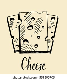 Vector illustration of hand drawn cheese. A sketch in ink. Cheese chopped plastics.