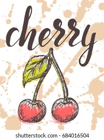 Vector illustration, hand drawn cherry with inscription on watercolor sprays