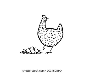 Vector illustration of hand drawn chicken and nest with eggs. Beautiful ink drawing, heavy contour, abstract design elements. Perfect elements for food or farming design.