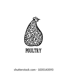 Vector illustration of hand drawn chicken. Beautiful ink drawing, heavy contour, abstract design elements. Perfect elements for food or farming design.