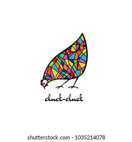 Vector illustration of hand drawn chicken made in stained-glass style. Beautiful ink drawing, heavy contour, abstract design elements. Perfect elements for food or farming design.