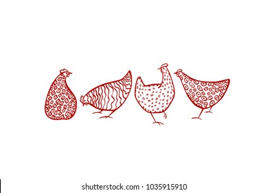 Vector illustration of hand drawn chickens. Beautiful ink drawing, heavy contour, abstract design elements. Perfect elements for food or farming design.