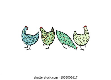 Vector illustration of hand drawn chickens. Beautiful ink drawing, heavy contour, abstract design elements. Perfect elements for food or farming design.