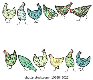 Vector illustration of hand drawn chickens. Beautiful ink drawing, heavy contour, abstract design elements. Perfect elements for food or farming design.