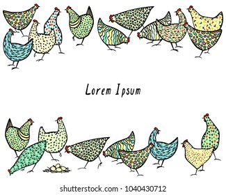 Vector illustration of hand drawn chickens. Beautiful ink drawing, heavy contour, abstract design elements. Perfect elements for food or farming design.