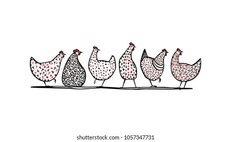 Vector illustration of hand drawn chickens. Beautiful ink drawing, heavy contour, abstract design elements. Perfect elements for food or farming design.