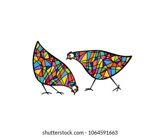 Vector illustration of hand drawn chickens made in stained-glass style. Beautiful ink drawing, heavy contour, abstract design elements. Perfect elements for food or farming design.