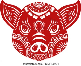 Vector illustration hand drawn of Chinese Zodiac Sign Year of head Pig,Red paper cut pig,Happy Chinese New Year 2019 year of the pig