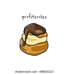 Vector illustration of hand drawn chocolate profiterole. Traditional pastry illustration. Beautiful food design elements.