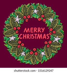 Vector illustration of hand drawn Christmas Wreath and a text "Merry Christmas".