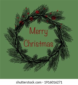 Ilustración vectorial de una corona de Navidad dibujada a mano con bayas rojas y texto "Feliz Navidad" sobre fondo verde. Se puede usar como postal para las vacaciones de invierno.