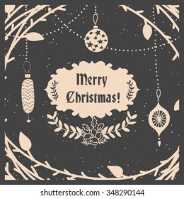 Vector illustration of hand drawn Christmas wreath and balls. Christmas decoration. Merry Christmas and Happy New Year! Christmas Collection 2016.