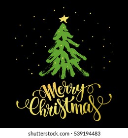 Vector illustration of a hand drawn Christmas tree and lettering.

