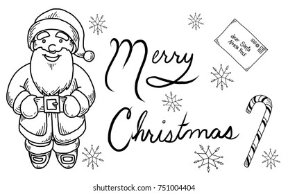 Vector illustration of a hand drawn Christmas greeting with a Santa, candy cane, letter to Santa and snowflakes.