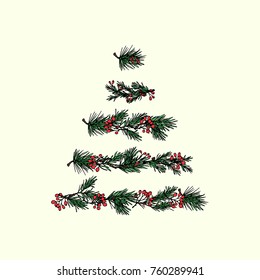 Vector Illustration Of Hand Drawn Christmas Tree Made Of Pine Boughs And Barberry. Beautiful Christmas Floral Design Elements