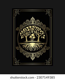 Vector illustration with hand drawn circle with tree on black background. Golden linear shape. Premium card design.