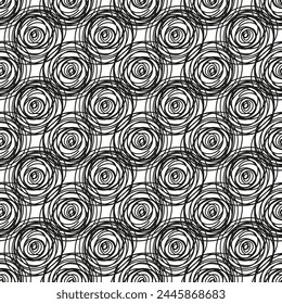 Vektorillustration des Handkreises. Schwarz-Weiß-nahtloses Muster. Line Art. Perfekt für Design-Vorlagen, Bildschirmhintergrund, Verpackung, Stoff und Textil, Druck.