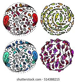 Vector illustration of hand drawn circles filled with colorful floral elements. Illustration for textile, wrap or wallpaper.
