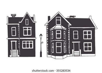 Vector illustration of hand drawn city houses. Beautiful design elements.