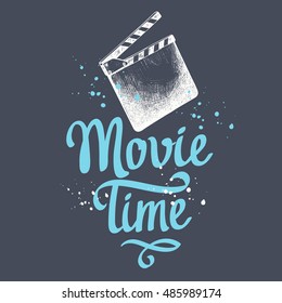 Vector illustration with hand drawn clapperboard. Sketch design. Retro cinema festival. Movie Time poster.