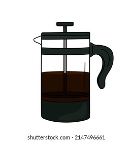 Vector illustration of a hand drawn coffee french press isolated on a white background.