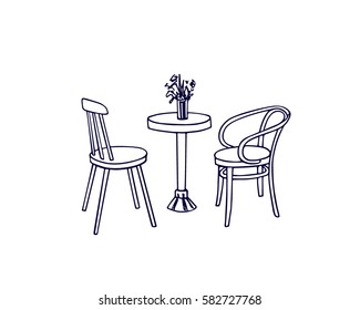 Vector illustration of hand drawn coffee table and vintage chairs. Lovely scene of retro cafe. Ink drawing, graphic style. Beautiful design elements.