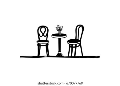 Vector illustration of hand drawn coffee table and vintage chairs. Lovely scene of retro cafe. Ink drawing, graphic style. Beautiful design elements.