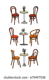 Vector illustration of hand drawn coffee tables and vintage chairs. Lovely scenes of retro cafe. Ink drawing, graphic style. Beautiful design elements.
