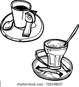 Vector illustration of hand drawn coffee cup. Set of hand-drawn pictures of coffee cups.