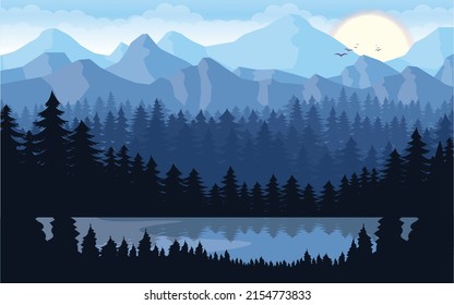 Vector illustration: Hand Drawn cold Night Mountains landscape background of rocky mountains that stretch to the horizon under the moonlight. Fantasy landscape