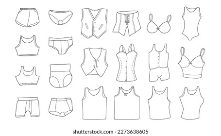 Vector illustration of hand drawn collection with underwear and vest.