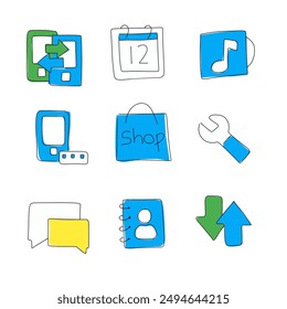 Vector illustration of hand drawn collection of app icons on mobile phone. Contact, data, call, messages, calendar, setting, music, shop. 