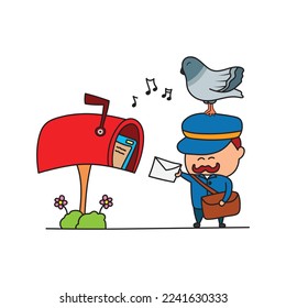 vector illustration of Hand drawn color children cute mailman with pigeon