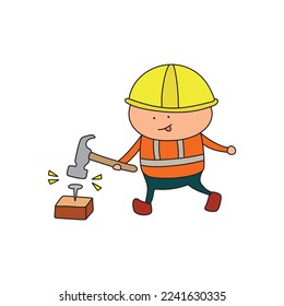 vector illustration of Hand drawn color children construction worker hammering nail